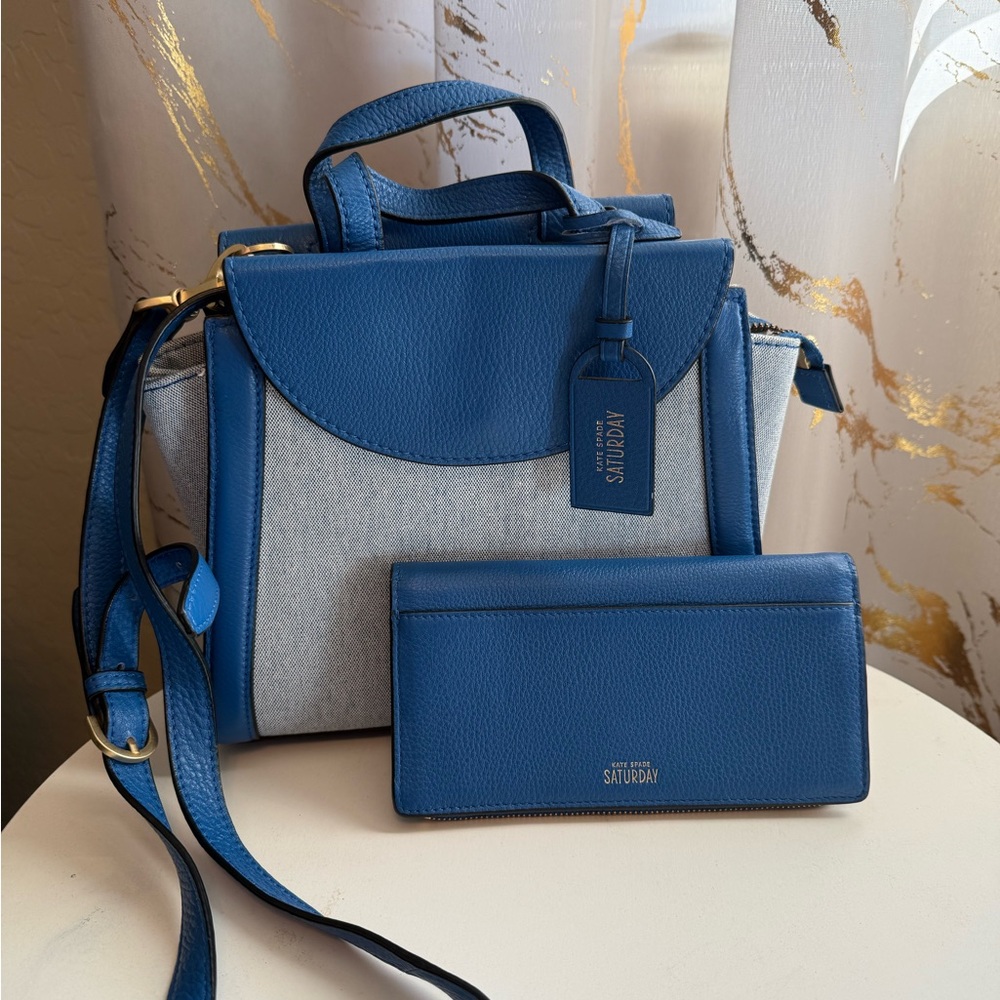 Kate Spade Saturday Blue Canvas & Leather Crossbody w/ Matching Wallet